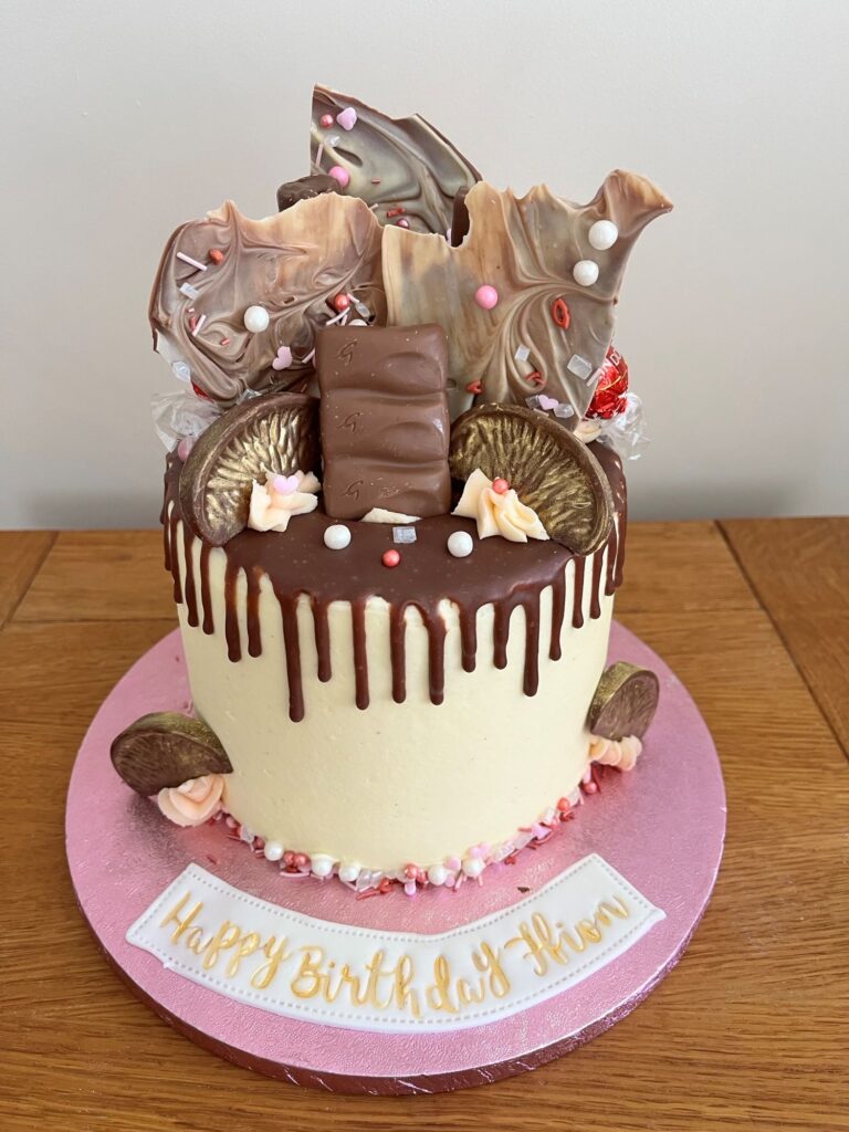 Chocolate drip cake overloaded with chocolates