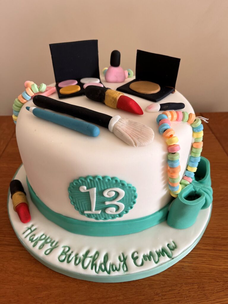 Birthday cake with modelled make up on and sweets